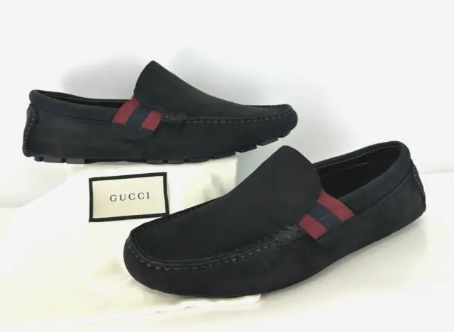 Gucci New Men's Auth 6.5 US 39 EU Black Suede Leather Red Blue Web Loafers Shoes