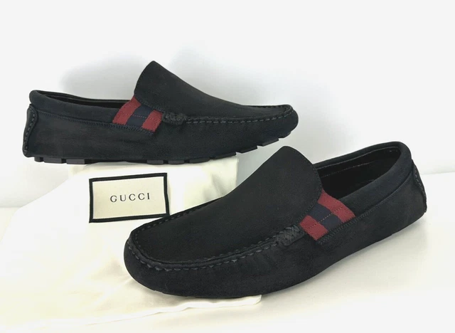 Gucci New Men's Auth 6.5 US 39 EU Black Suede Leather Red Blue Web Loafers Shoes Gucci New Men's Auth 6.5 US 39 EU Black Suede Leather Red Blue Web Loafers Shoes