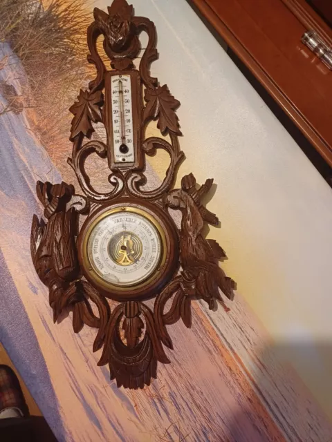 French Wooden Carved Barometer And Thermometer Featuring A Hunting Theme