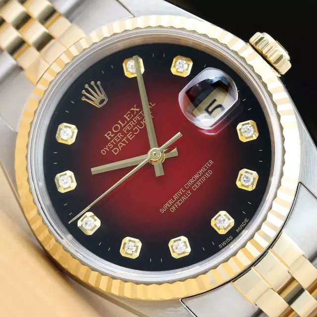 Rolex Uomo Datejust 16233 Rosso Vignette Diamante 18K Oro Giallo & Acciaio Watch