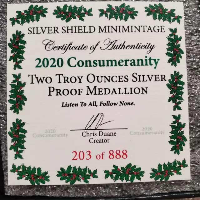 2020 Consumeranity 2 OZ .999 Silver Shield Proof Debt Beauty Queen CHRISTMAS! 3