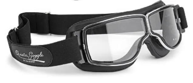 Motorradbrille AVIATOR T2 Classic  Leder schwarz Brille Gläser klar Rahmen chrom