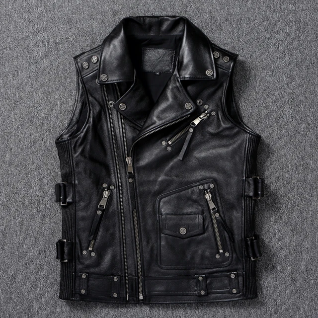 Men Genuine Cowhide Leather Biker styles Fashion Sleeveless Vest, FASHION