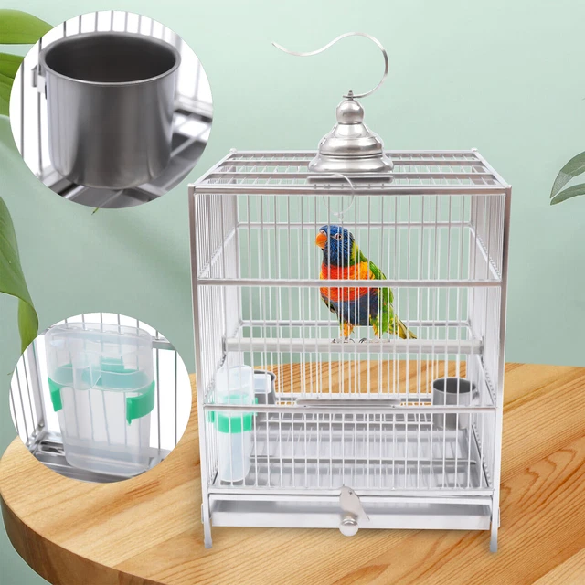 Stainless Steel Square Bird Cage Drawer Type Large Budgie Cage Set w/2 Food Bowl