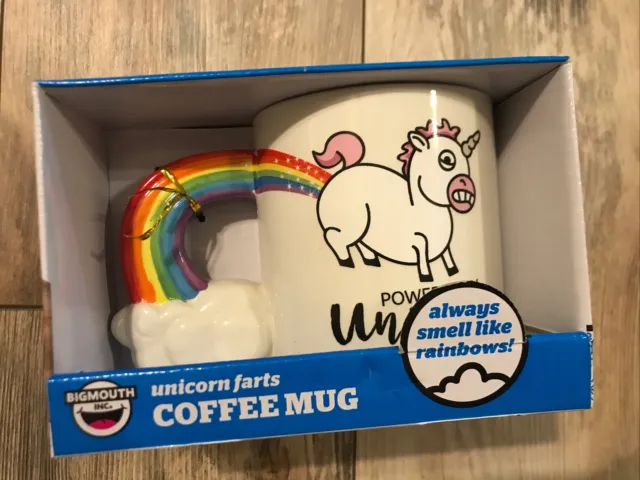 Big Mouth Inc. "Powered By Unicorn Farts" 20 oz Coffee Mug Nib Ceramic Rainbow