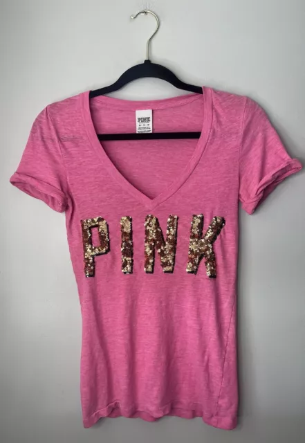 VTG VICTORIAS SECRET Pink T Shirt Women’s Size XS Gold Sequins Early ...