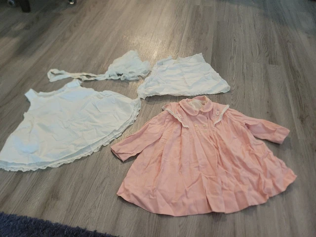 VINTAGE LOT PINK CHILD BABY INFANT DOLL Lined Dress JACKET COAT  BONNET SLIPS