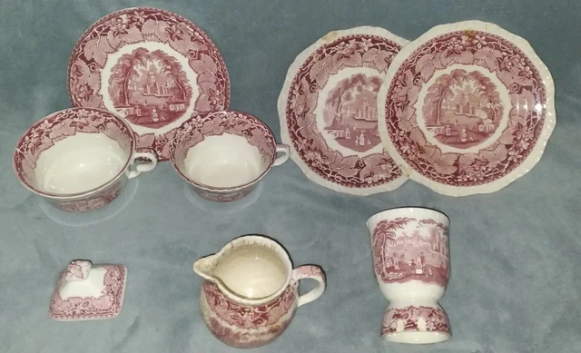 8 Piece Lot Masons Vista Pink China- Teacups, Creamer, Egg Holder, Plates & More
