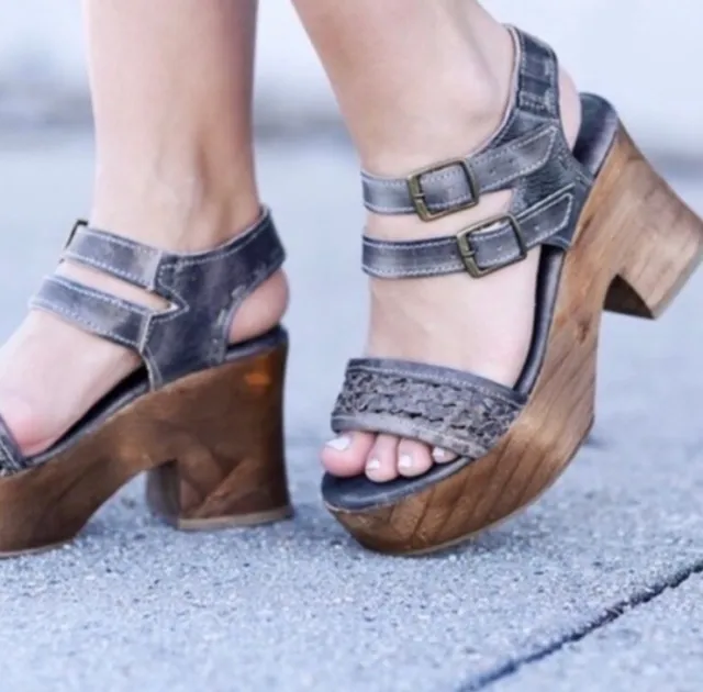 Bed Stu Women’s Kenya Double Strap Platform Sandals In Gray   8.5  Wooden Heel