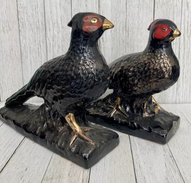 Two Vintage Pheasant Bird Figurines Black and Gold Ceramic Pheasant MCM Decor
