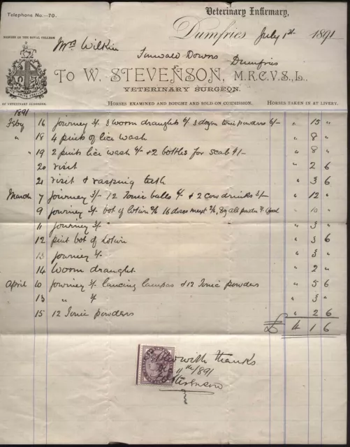 1891 DUMFRIES VETERINARY INFIRMARY, W Stevenson, account to Wikin, Tinwald Downs