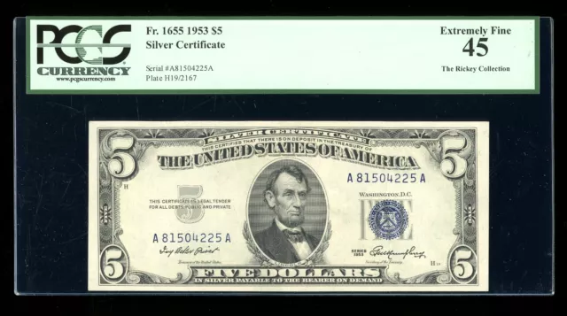 DBR $5 1953 Silver Fr. 1655 AA Block PCGS 45 Serial A81504225A