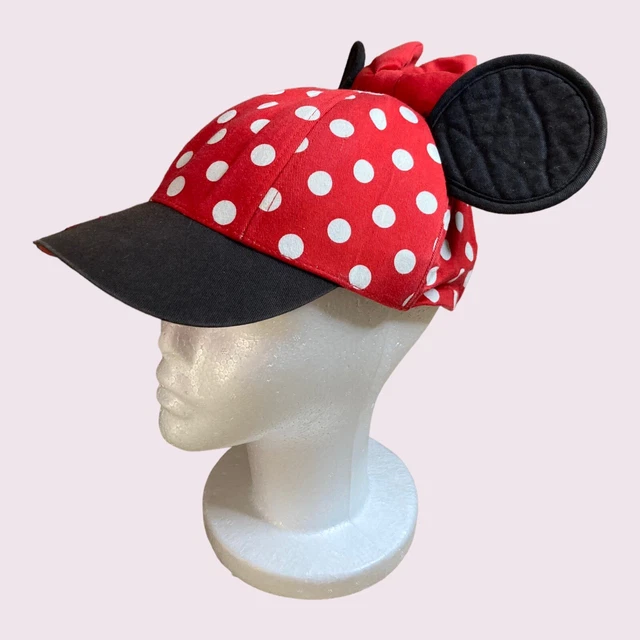 Disney Parks Minnie Mouse Baseball Cap Ears Red White Polka Dots YOUTH