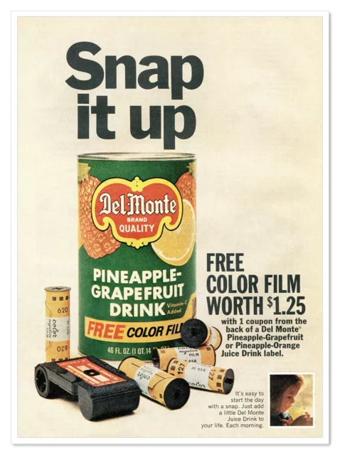 Del-Monte Pineapple-Grapefruit Drink Color Film Vintage 1968 Print Magazine Ad