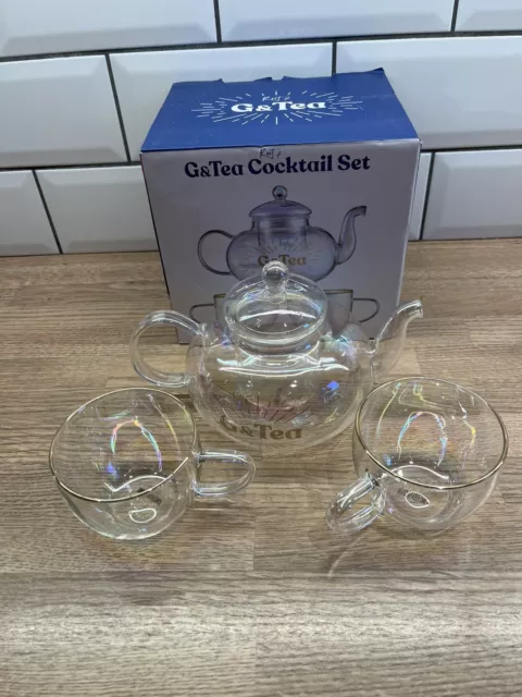 Root7 G&Tea Cocktail Set (2 Cups & Teapot Infuser Clear Iridescent Boxed