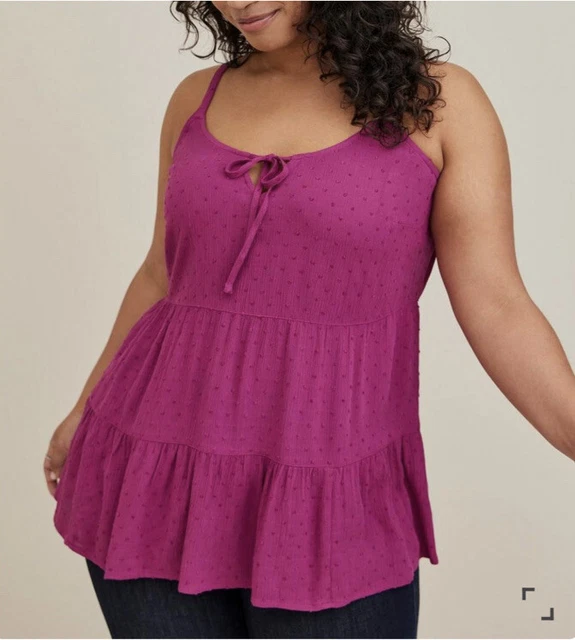 NWT Torrid 2 Fuschia Purple Clip Dot Tiered Ruffle Tie Front Cami Top, 2X 18 20 NWT Torrid 2 Fuschia Purple Clip Dot Tiered Ruffle Tie Front Cami Top, 2X 18 20