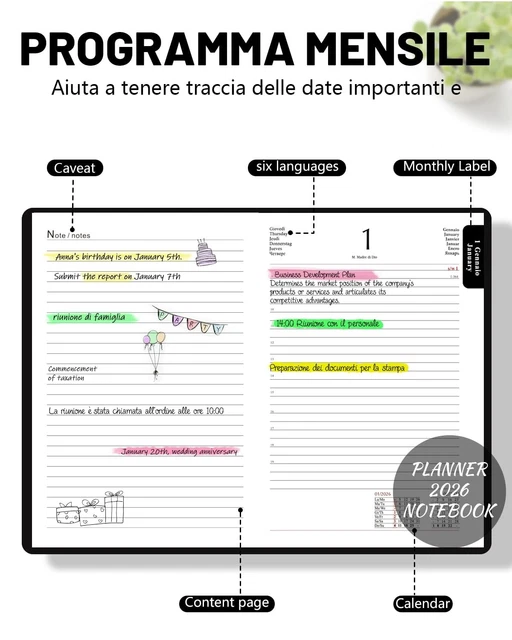 Agenda Giornaliera 2026 HW CASA Formato A5 – Copertina PU+carta Etnica, Festività In 5 Lingue (DE/IT/ES/EN/FR), Gennaio-dicembre 2026