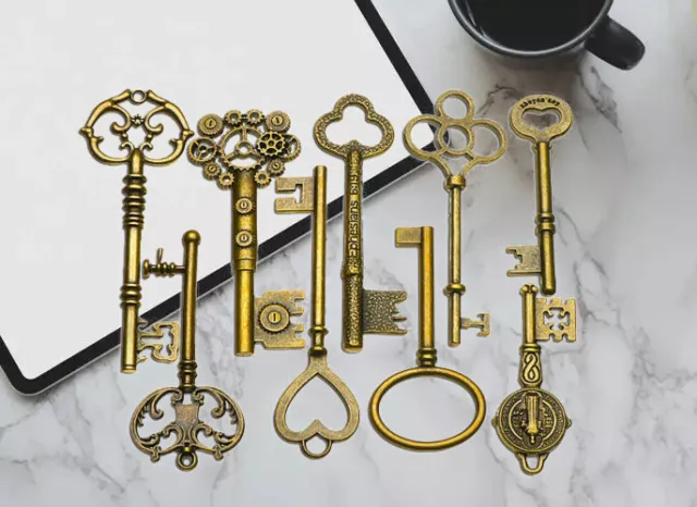 9PCS BIG Large Antique Vtg old Brass Skeleton Keys Lot Cabinet Barrel Lok