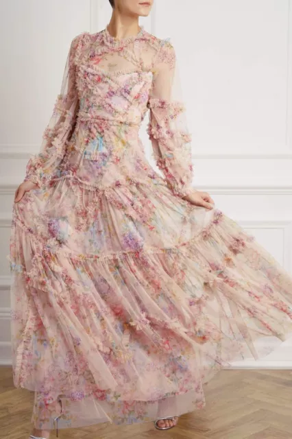 Needle & Thread Floral Diamond Ruffle Tulle Gown Maxi Topaz Pink NEW with tags