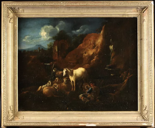 17th CENTURY LARGE ITALIAN OLD MASTER OIL ON CANVAS - HERDER AND FLOCK BY STREAM