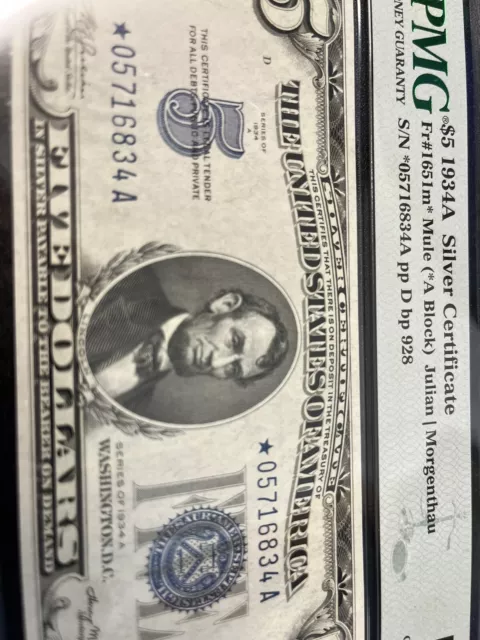 1934A $5 * Star *  Silver Certificate, Pmg Uncirculated 58 Banknote "Mule"