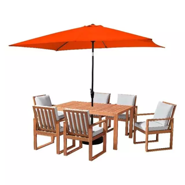 Weston Natural Wood Table with 6 Chairs 10-Foot Rectangular Umbrella Orange