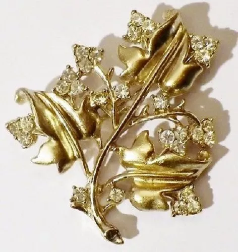 broche bijou vintage fleur feuille relief cristaux diamant couleur or poli *4989