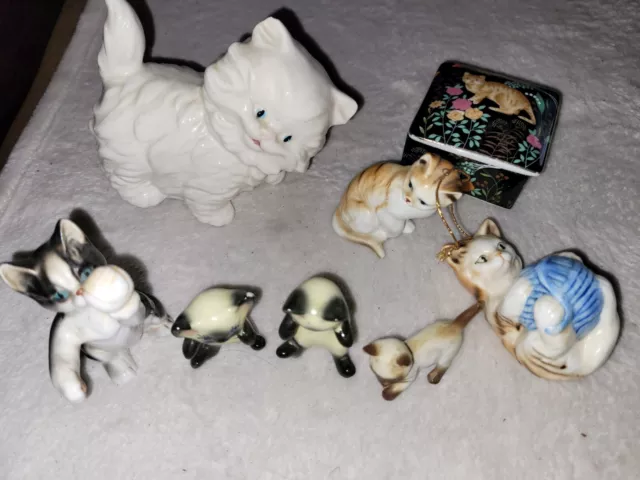 Lot Miniature Cat Figurines : Porcelain China Ceramic - Trinket Box