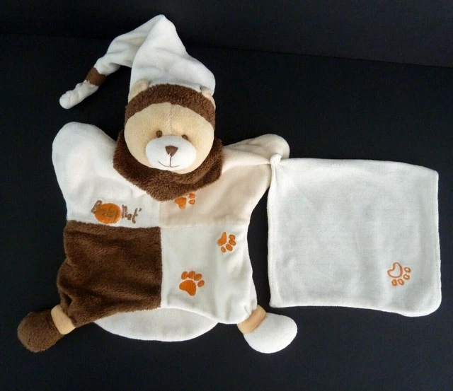 *. DOUDOU PLAT MARIONNETTE BABY NAT OURS MOUCHOIR marron blanc beige empreintes