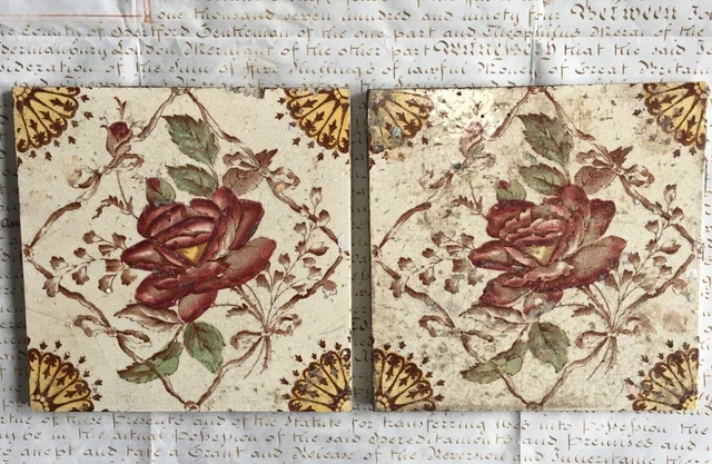 Pair Antique Victorian Rose Floral Decoration Pottery Tiles, Lovely Aged Patina