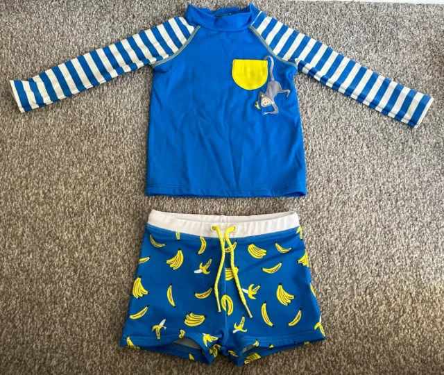 Baby Boden Unisex Baby Blue Monkey Banana Swim Hols Rash Top & Shorts UV 6-12 M