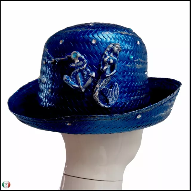 hat cappello donna estivo paglia originale vintage moda lusso sirena strass blu