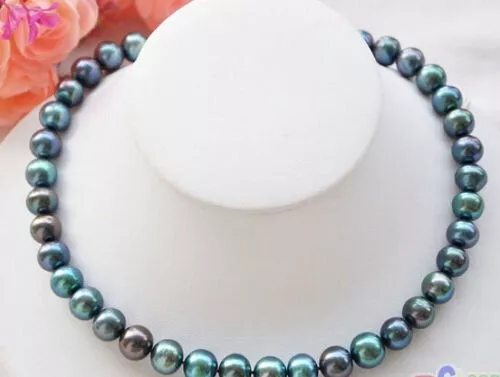 GENUINE NATURAL AAA+ 9-10MM black green Tahitian PEARL NECKLACE 18" 14K GOLD