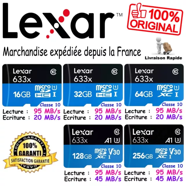 Carte Mémoire LEXAR 95 MB/s 633x - Au choix MicroSD 16 32 64 128 256 Go Gb Giga