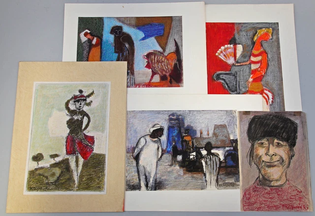 8860063 Konvolut 5 Gouache Tiza Dibujos Krzywicki Expresionismo