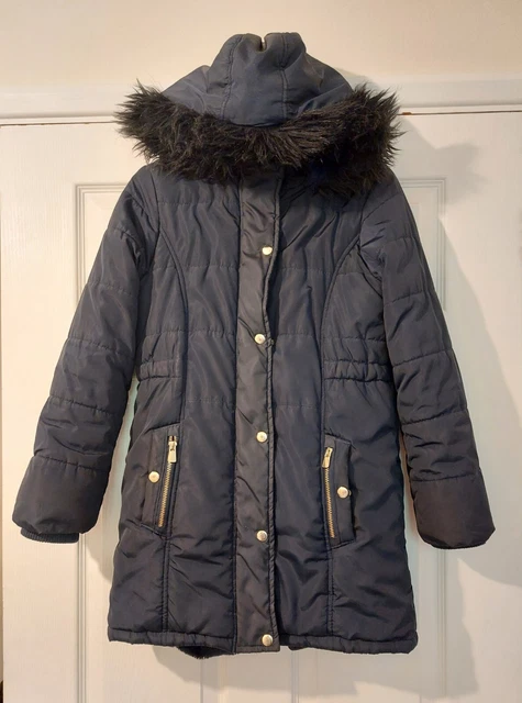TU Girl Navy Hooded Winter Padded Puffer School Coat Faux Fur Lined ~ 11-12 YRS