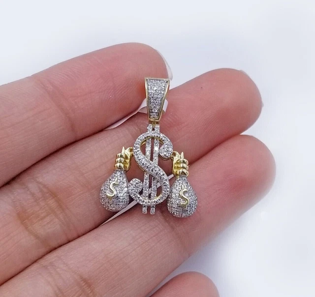 2Ct Round Cut Moissanite Men's Money Bag Dollar Pendant 14k Yellow Gold Plated