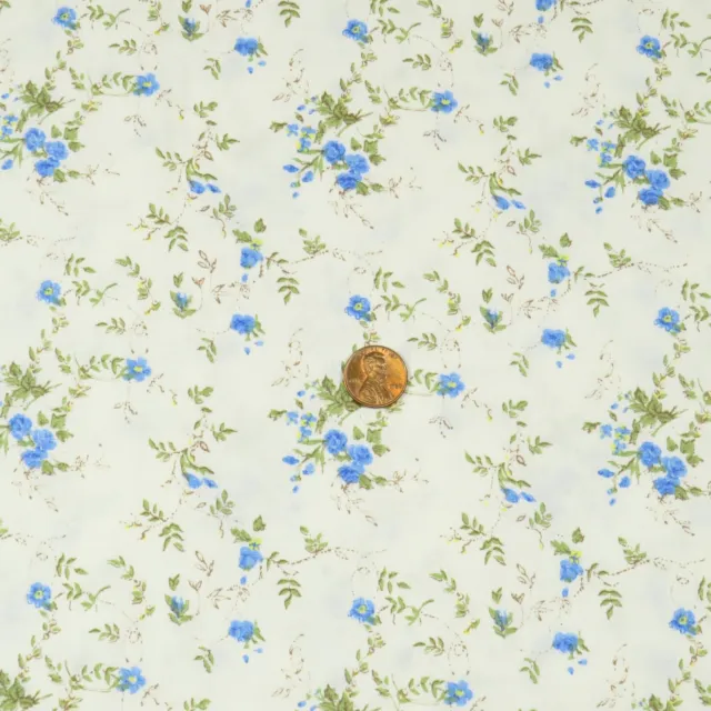 1950s Disty Floral Fabric Blue Roses Soft White Cotton BTY