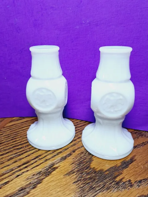 Milk Glass Candle Stick Holders With Embossed Eagle Design Set of 2