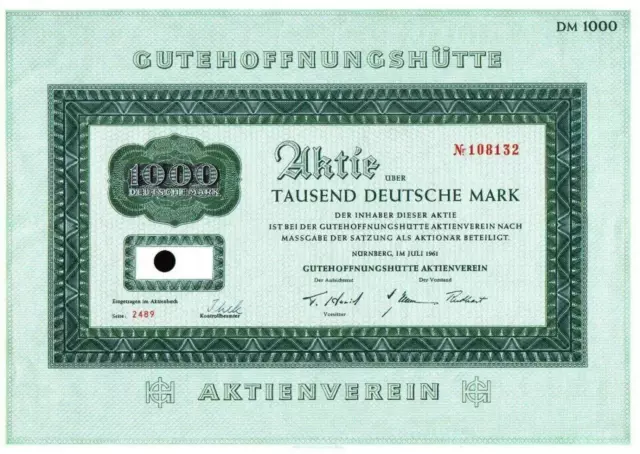Gutehoffungshütte Aktienverein Stämme 1961 1000 DM