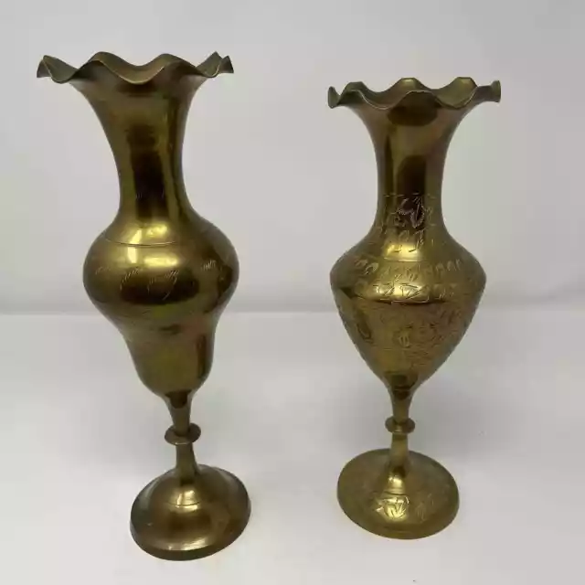 Vintage Pair of 2 Brass Engraved Scalloped Vases