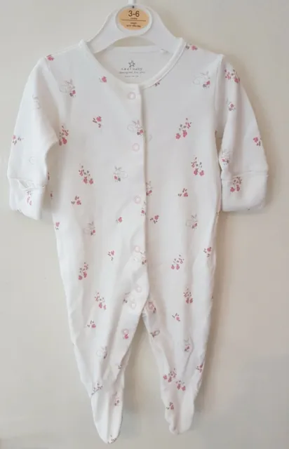 Next Baby Girls upto 3 Months White Rabbit Floral Long Sleeve Sleepsuit Babygrow