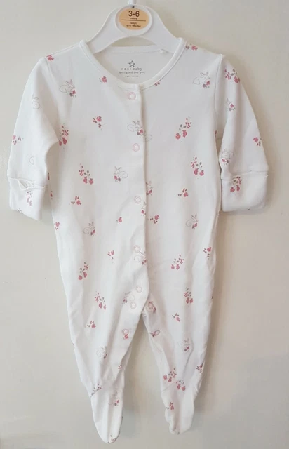 Next Baby Girls upto 3 Months White Rabbit Floral Long Sleeve Sleepsuit Babygrow