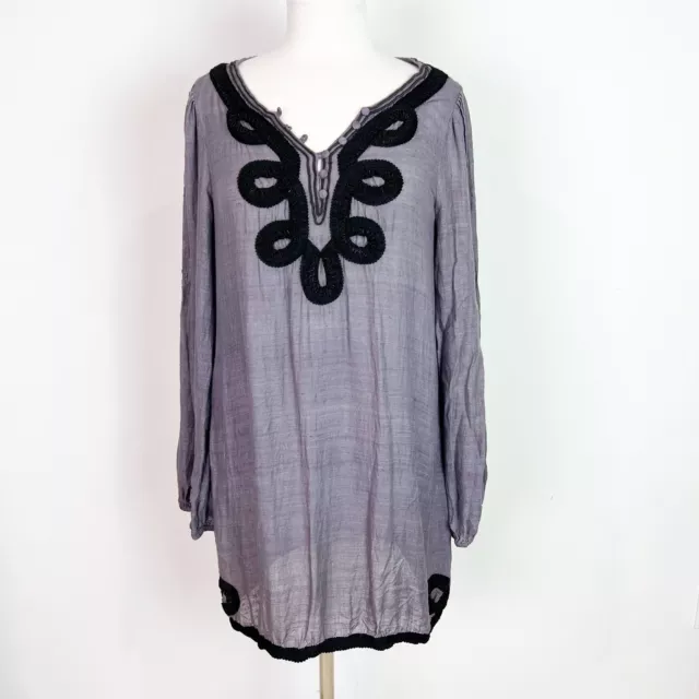 Joie Gray Long Sleeve Silk Boho Tunic Dress With Black Embroidery Women's Medium