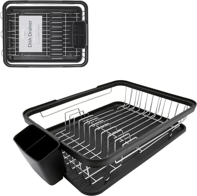 Kitchen Dish Drainer Rack Separate Cutlery Holder Removable Drip Tray Black