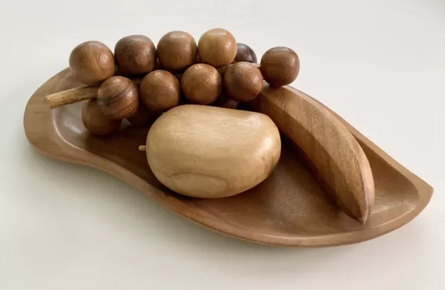 Authentic Vintage Monkey Pod Wooden Fruit & Leaf Shape Bowl Mid-Century Modern