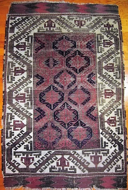 Antique 19th c. Baluch Balouch tribal rug with ivory border, 2'10"x4'6" Oriental