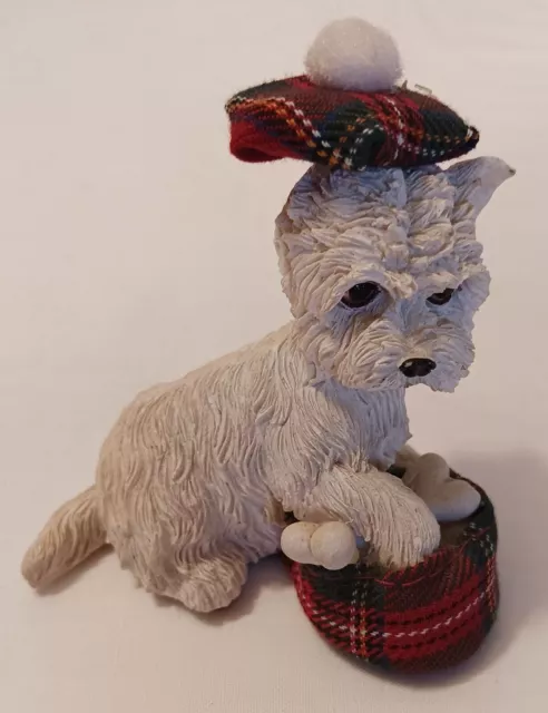 Ceramic West Highland Terrier Scottie Dog With Material Tartan Hat & Dog Bed
