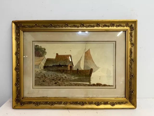 Antique Seaside House with Sailboat Watercolor Framed Signed by Artist