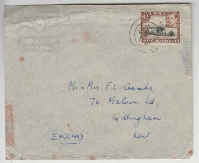 Stamp Uganda Kenya Tanzania 1/- KGV1 on 1947 cover to Kent England